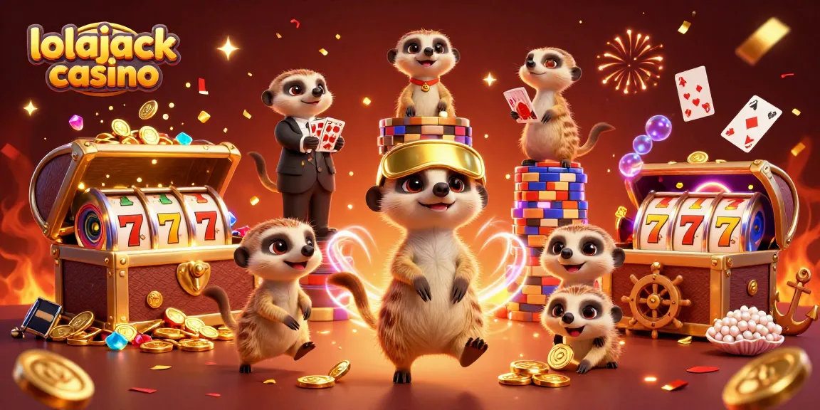 Lolajack Casino meerkats entertaining with dynamic slot games and vibrant casino elements.