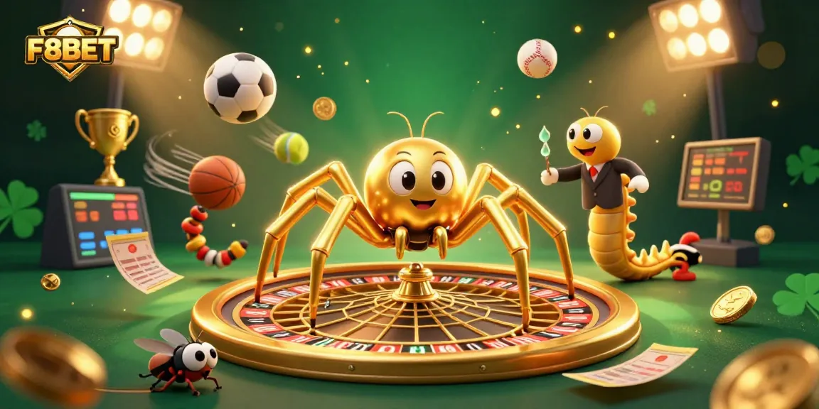 Engage in thrilling bets at F8BET with a dynamic 3D casino illustration featuring playful characters and sports elements.