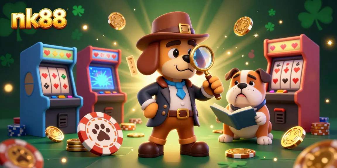 Engage in thrilling gameplay at nk88, as the detective uncovering poker chip clues amidst vibrant casino elements.