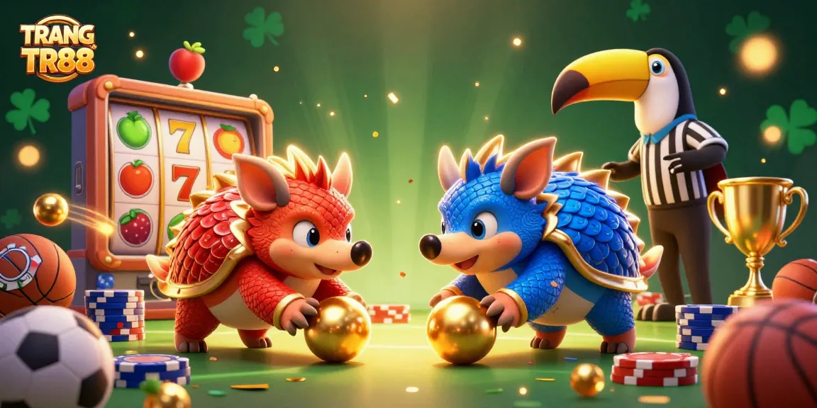 Engaging scene of TRANG CHỦ TR88 featuring arty pangolins in a casino-themed battle, showcasing vibrant game elements.