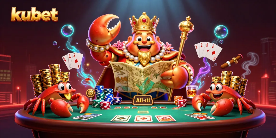 Kubet's golden crab emperor rules the casino with vibrant poker elements and rich treasures.