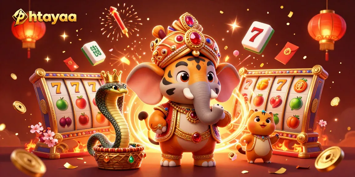 Experience thrilling jackpots with phtayaa featuring a vibrant scene of a maharaja tiger, elephant, and cobra.