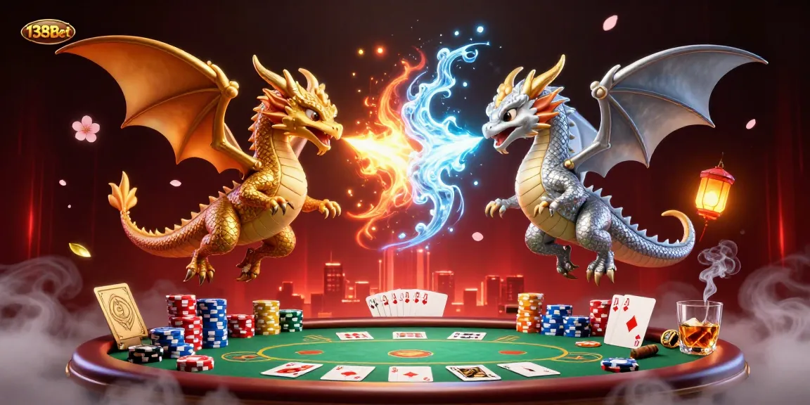 Engage in thrilling gaming action with 138Bet as twin dragons soar through a vibrant poker scene.