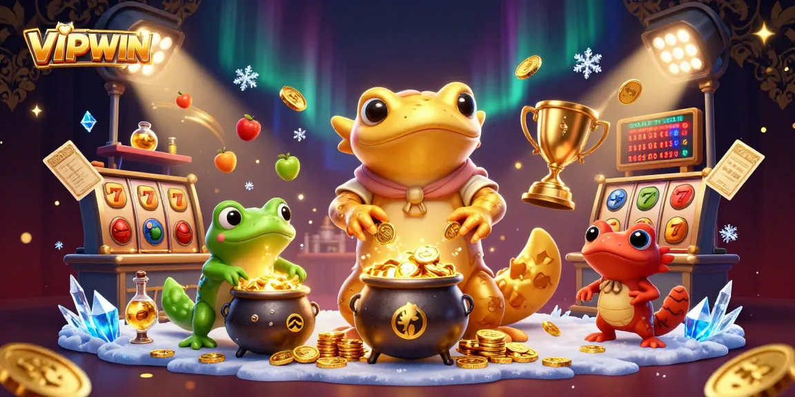 Experience the thrill of VIPWIN with a golden salamander alchemist creating slot game riches in a vibrant casino.