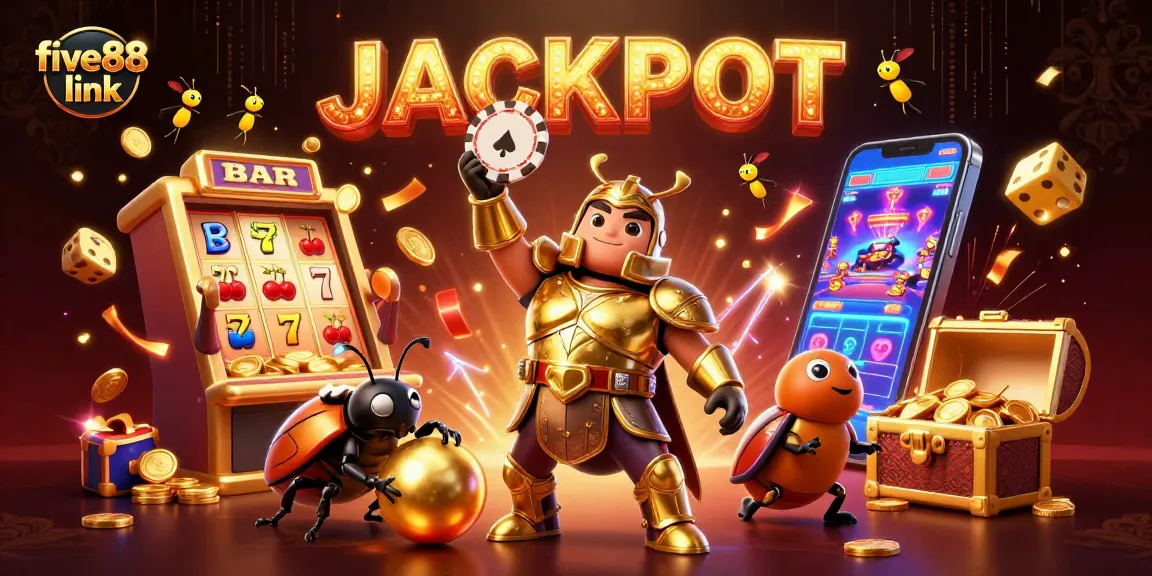 Join the fun at five88 link as a cartoon beetle celebrates with jackpot symbols and dynamic casino elements.