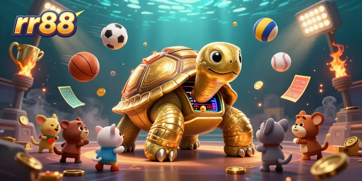 Engage with thrilling games at rr88, presented in an exciting casino scene with dynamic sports elements.