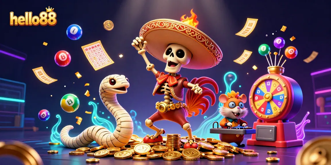 Engage with hello88's thrilling casino experience featuring animated characters celebrating winnings amidst games and prizes.