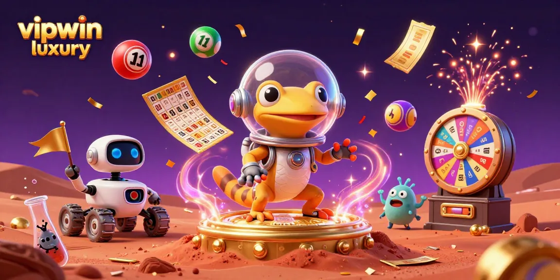 Experience the excitement of vipwin luxury with our cartoon Martian gecko and robot rover celebrating casino wins!