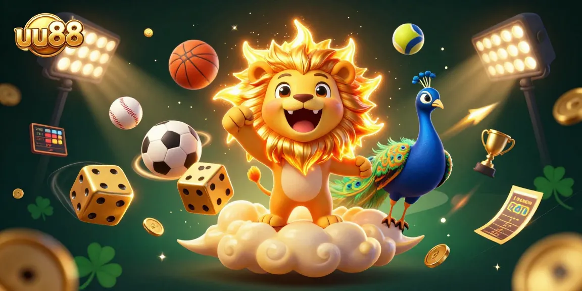 uu88 showcases a roaring lion amidst golden dice and dynamic sports elements, embodying online gaming excitement.