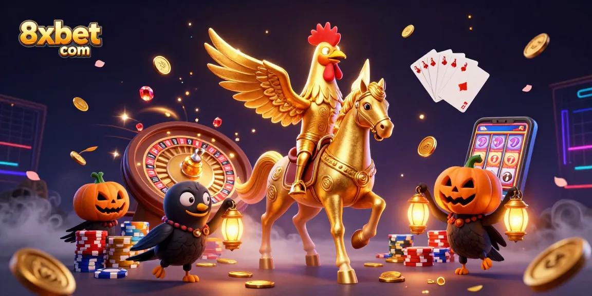 Experience exciting wins at 8xbet com with a vibrant casino illustration featuring a golden rooster and magical elements.