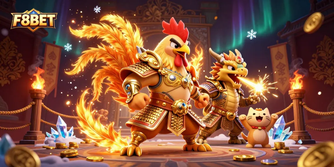Engage with F8BET's thrilling atmosphere featuring a rooster warrior and dragon in an energetic gambling scene.