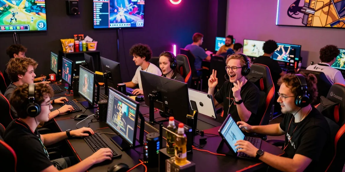 Sun win gaming enthusiasts immersed in vibrant gameplay at a lively gaming event, showcasing excitement and community.