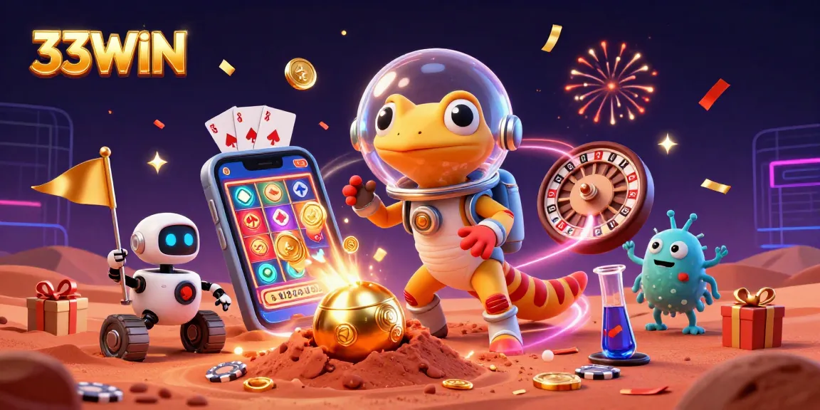 Engage with 33WIN's thrilling gaming universe, featuring a Martian gecko unveiling a golden casino.