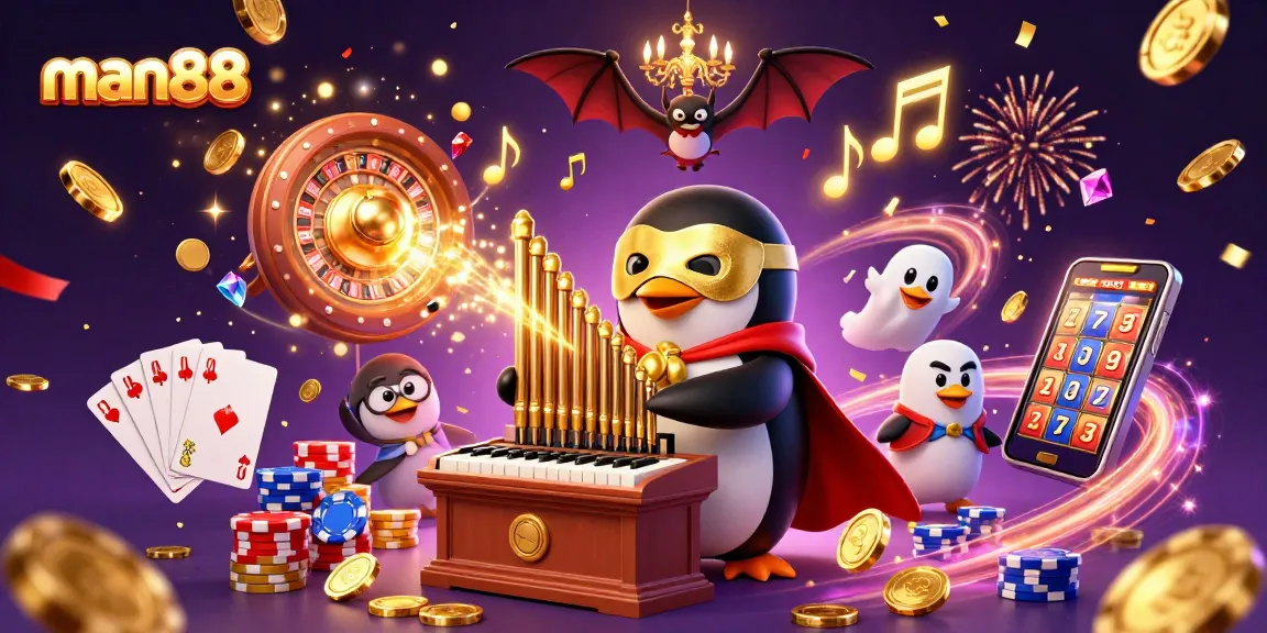 man88 showcases a thrilling casino scene with a penguin organist and bat acrobat, celebrating wins and excitement