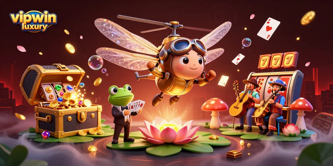 Experience vipwin luxury with a cartoon dragonfly pilot above a vibrant lily pad casino scene.