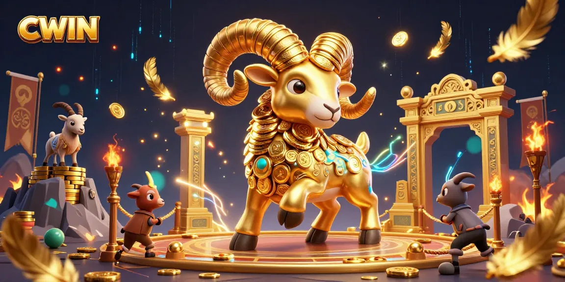 CWIN's dynamic casino scene features a golden ram charging at a mystical gate, surrounded by vibrant betting elements.