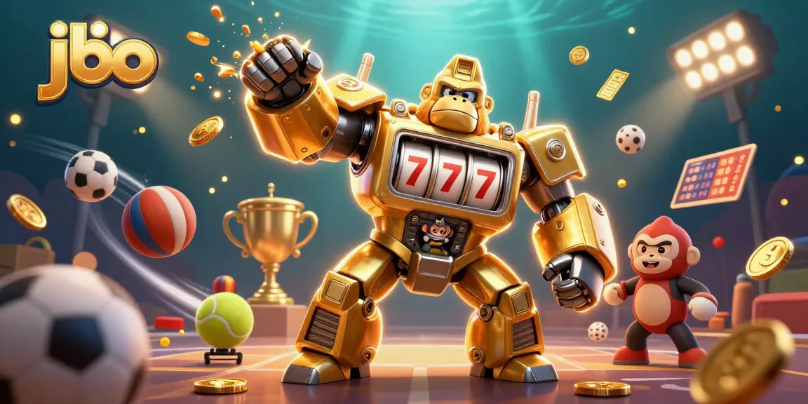 Engage in thrilling gaming action with jbo's dynamic 3D illustration featuring a golden gorilla mech and sports elements.