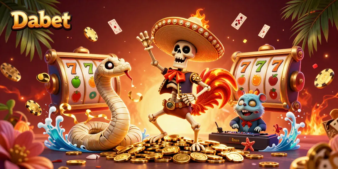Dabet celebrates wins with a vibrant 3D scene showcasing gaming elements and festive characters.