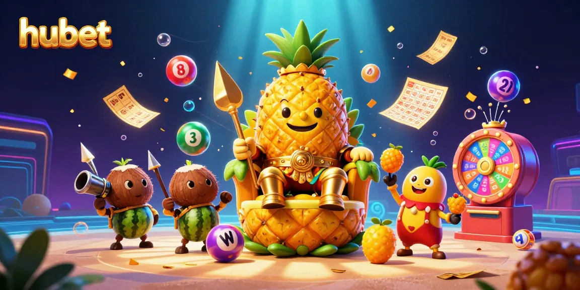 Experience thrilling gameplay at hubet with vibrant casino elements like a pineapple king and lottery balls.