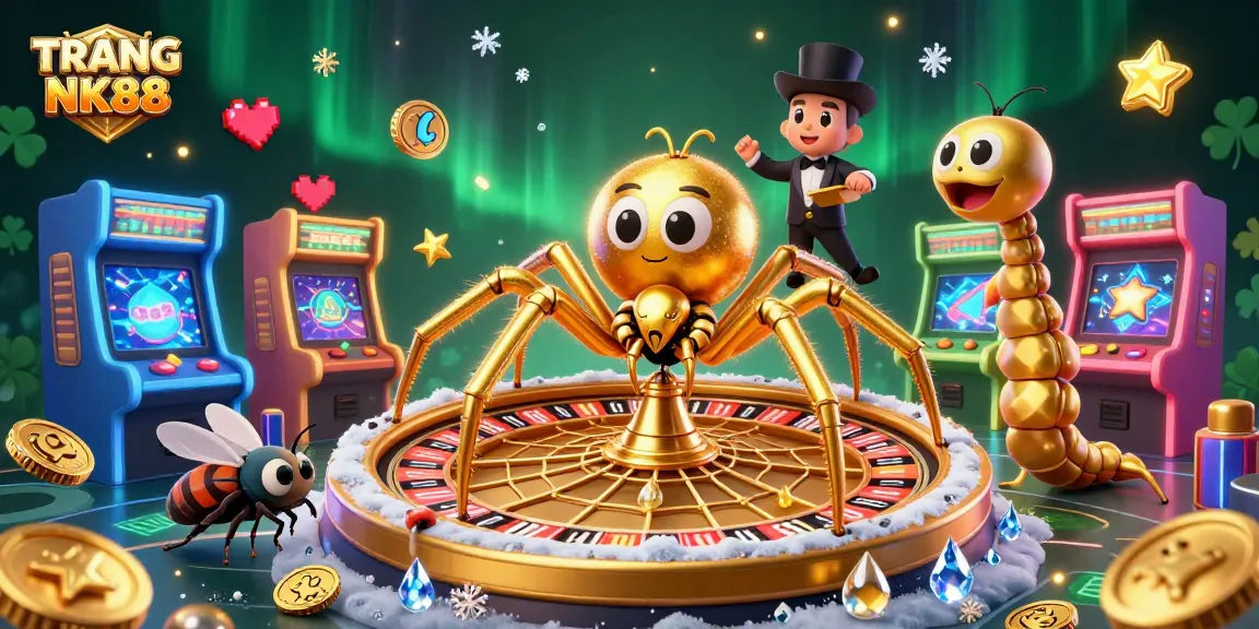 Engage with TRANG CHỦ NK88 in an elaborate 3D casino illustration featuring a golden spider and dynamic gaming elements.