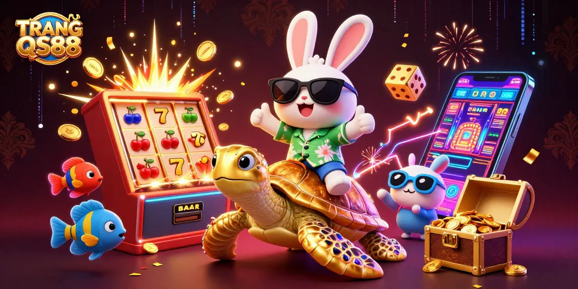 Engaging scene of TRANG CHỦ QS88 showcasing a lucky rabbit and golden sea turtle celebrating casino wins in a vibrant digital environment.