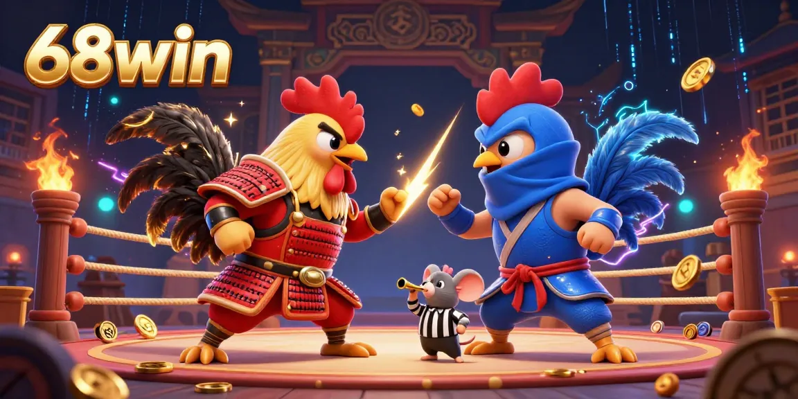 Experience the excitement of 68win with a dynamic illustration of dual fighting roosters in a casino setting.