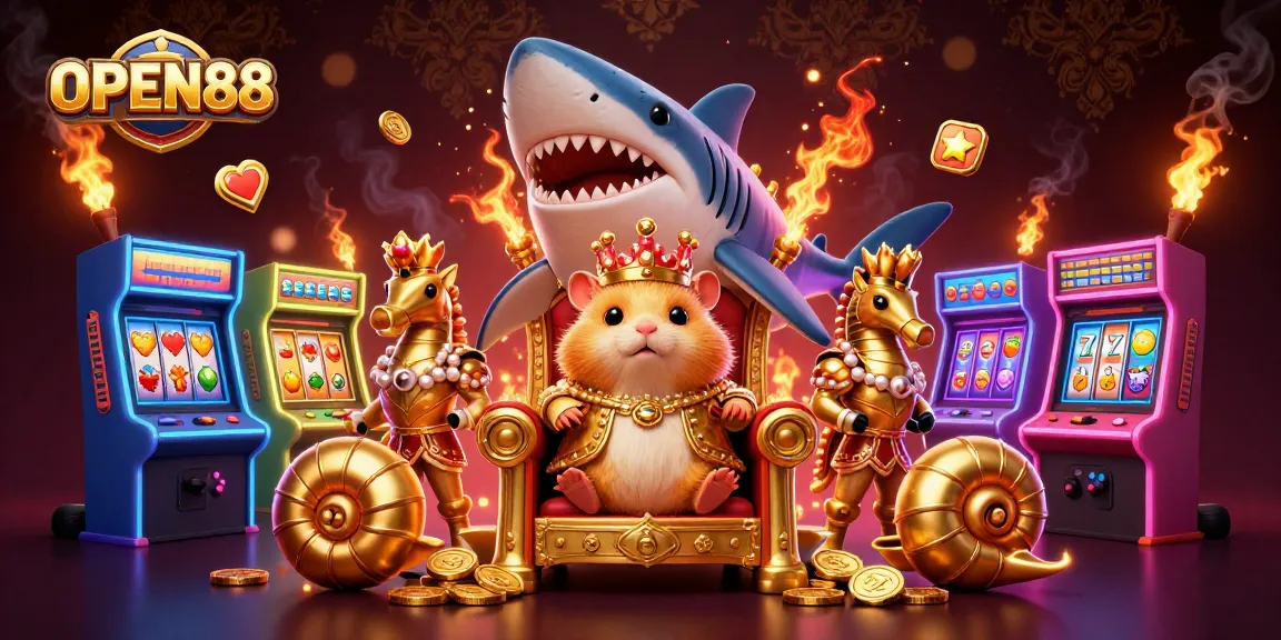 Open88 showcases dynamic gameplay with a golden hamster king surrounded by casino elements and arcade games.