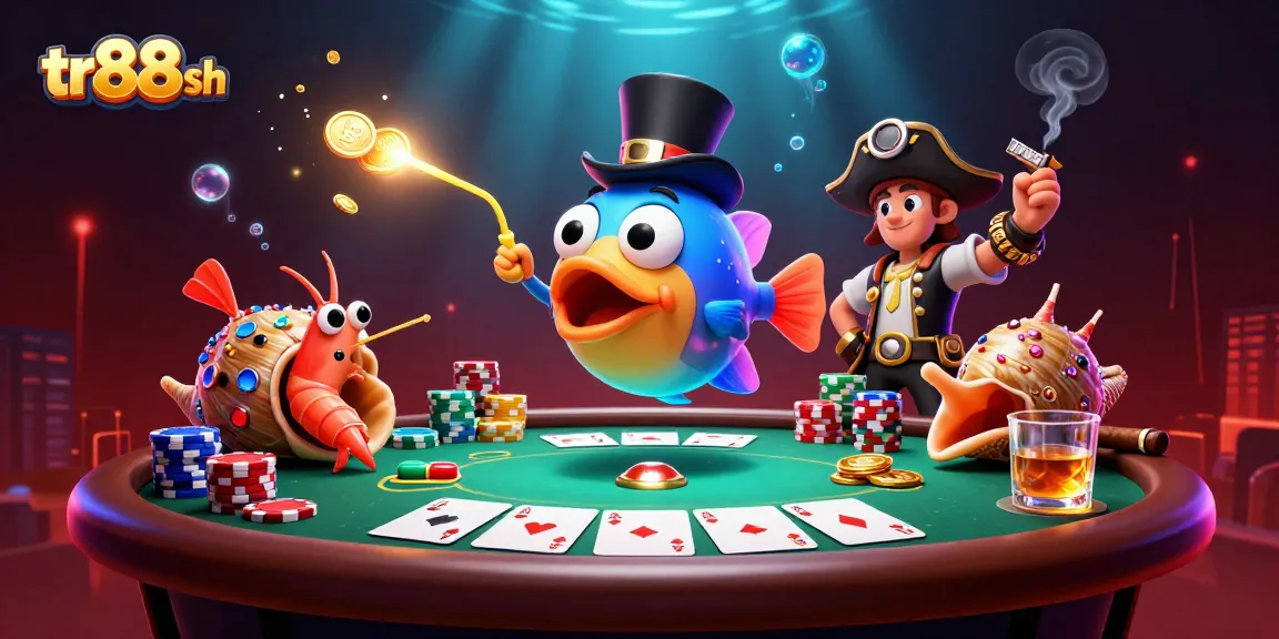 Unleash excitement with tr88 sh as anglerfish and pirate shrimp celebrate casino wins in a vibrant underwater scene.
