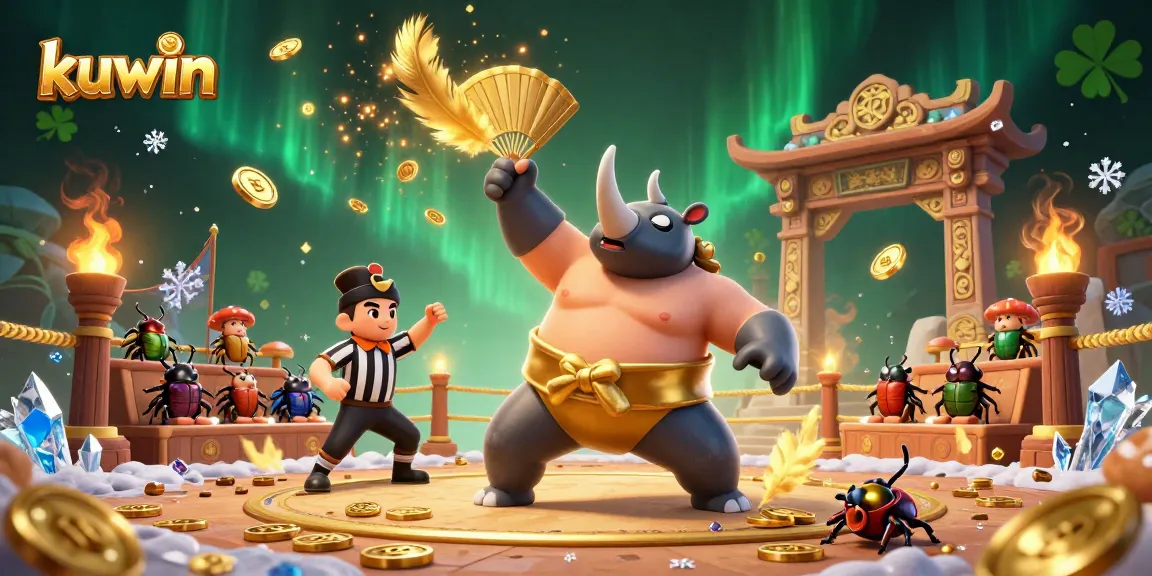 Kuwin's exciting gaming scene with a rhinoceros beetle champion and cricket referee amidst golden coins and vibrant arena effects