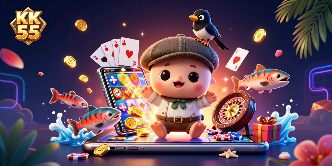 Spin the reels at KK 55 with a colorful slot game featuring dynamic casino characters.