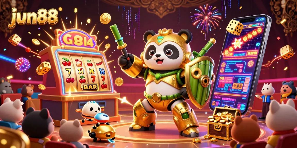 Engage with the exciting jun88 gaming arena featuring a golden panda in a mech-suit surrounded by jackpot rewards.