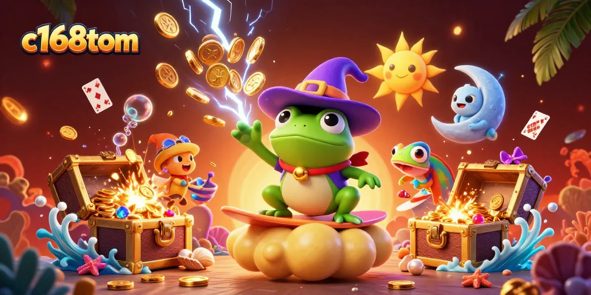 Experience the thrill with c168tom as whimsical characters create a gold coin storm in a vibrant casino scene.