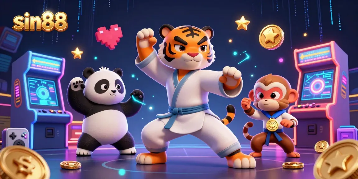 Join the fun at sin88 with a 3D illustration of a kung fu tiger and friends amidst vibrant casino elements.