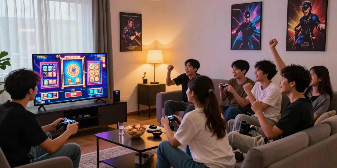 Pengalaman bermain slot yang menyenangkan di ruang tamu modern dengan teman-teman.