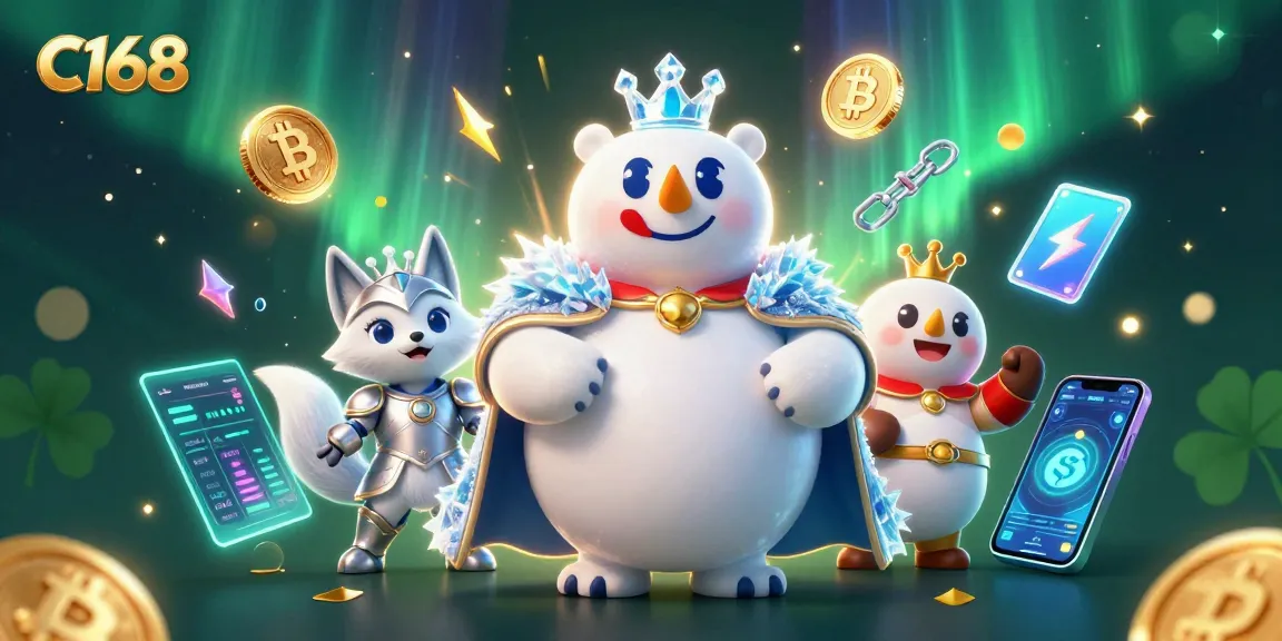 Bet on the exciting C168 platform with a 3D cartoon ice bear and fox surrounded by digital gambling elements.