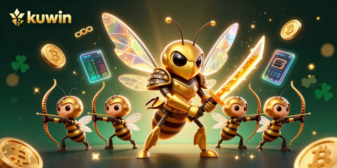Kuwin's vibrant gaming world features a golden hornet samurai amidst Bitcoin and Ethereum elements.
