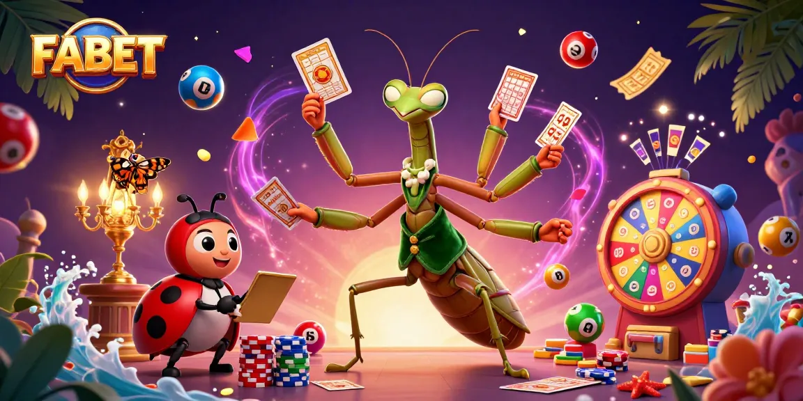 Experience thrilling gameplay at FABET, where the giant praying mantis deals cards amidst colorful gambling elements.