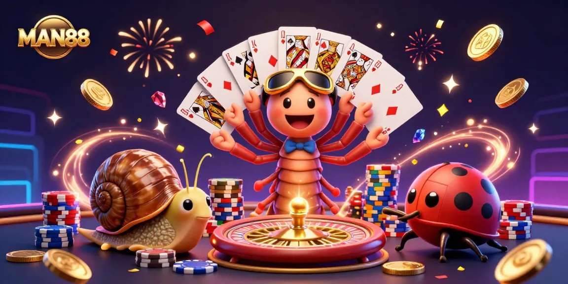 Experience the excitement at MAN88 with a vibrant illustration of a millipede dealer and high-roller characters.