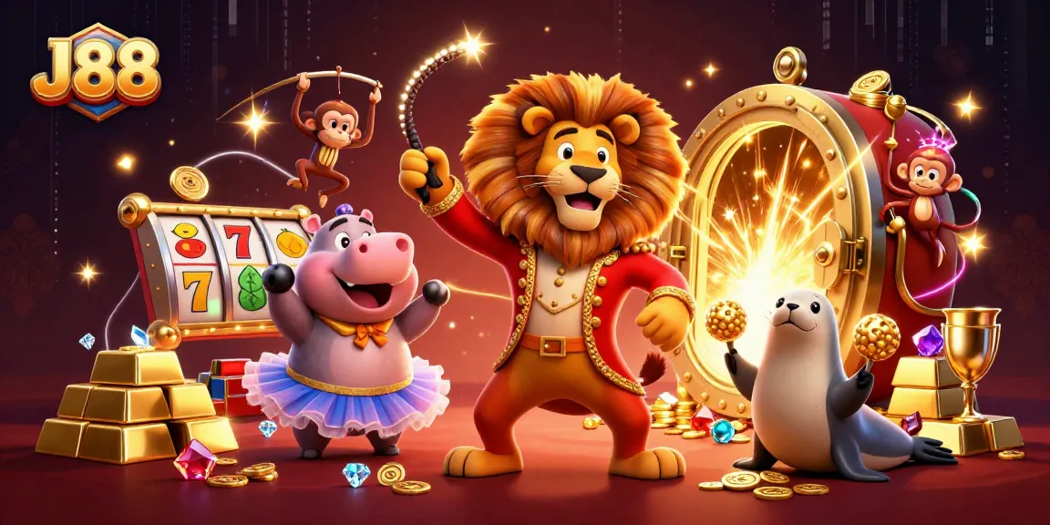 Engage with J88 and explore vibrant 3D casino characters amidst slot reels and gold treasures.