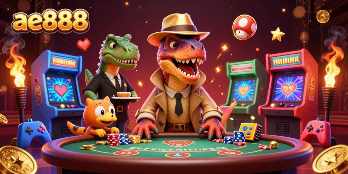 Experience exciting gameplay at ae888 with cartoon characters around a blackjack table and glowing games.