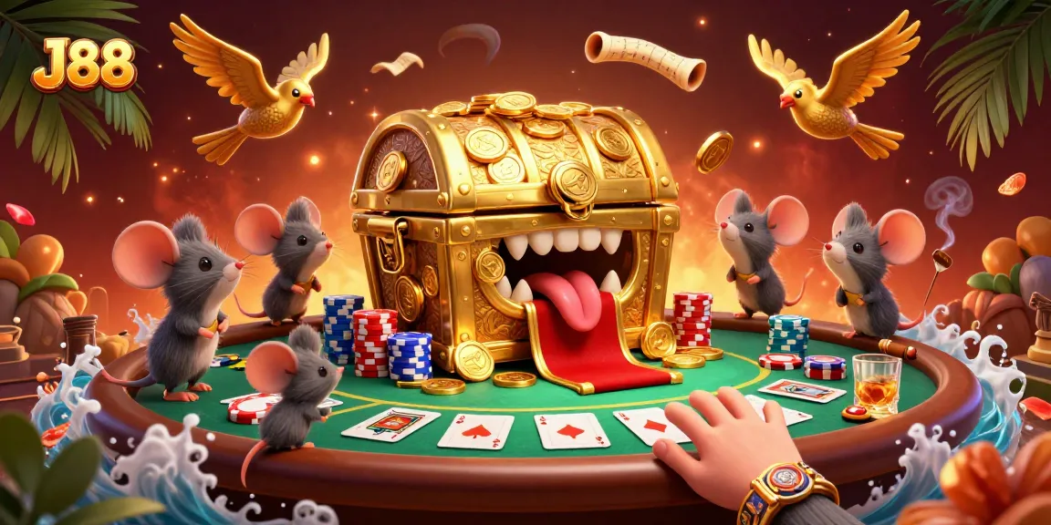 Engage in rich gameplay with J88's treasure chest, surrounded by poker elements and dynamic atmosphere.