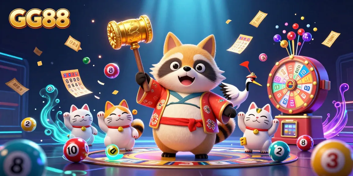 Participate in dynamic gaming fun at GG88 with a lively raccoon, crane, and fortune cats.