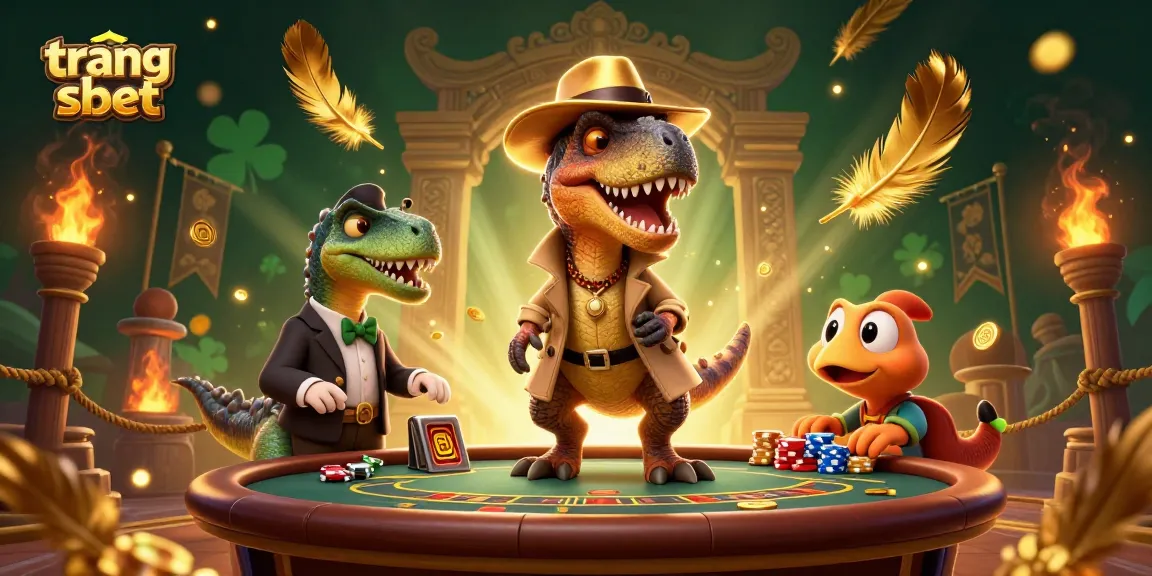 Play at trang shbet, where a velociraptor card counter interacts with a stegosaurus pit boss at a vibrant blackjack table.