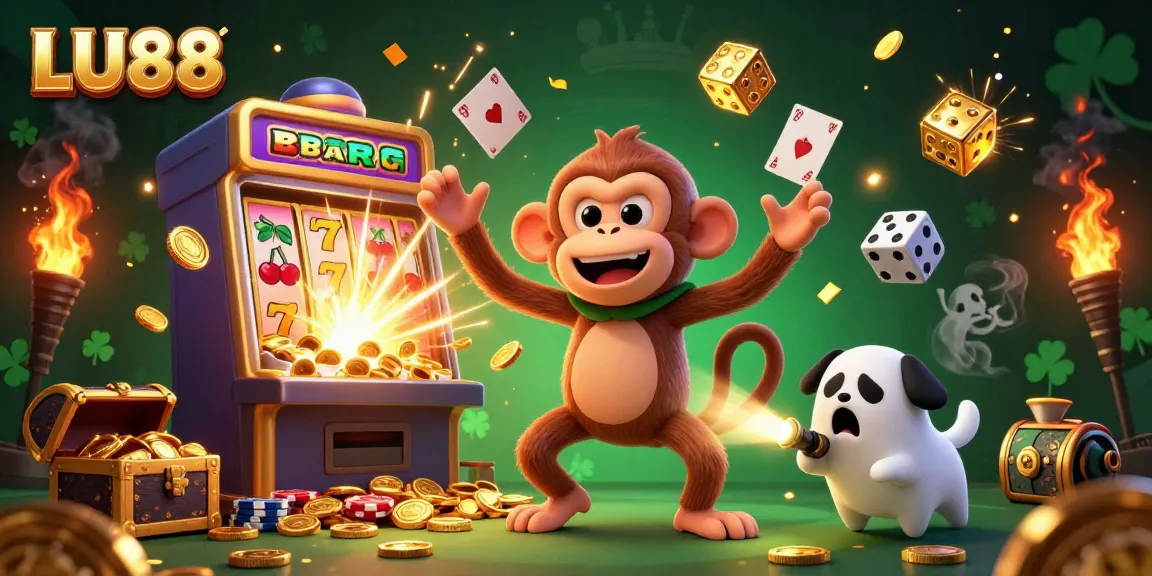 LU88 brings excitement with a poltergeist monkey juggling in a vibrant haunted casino scene.