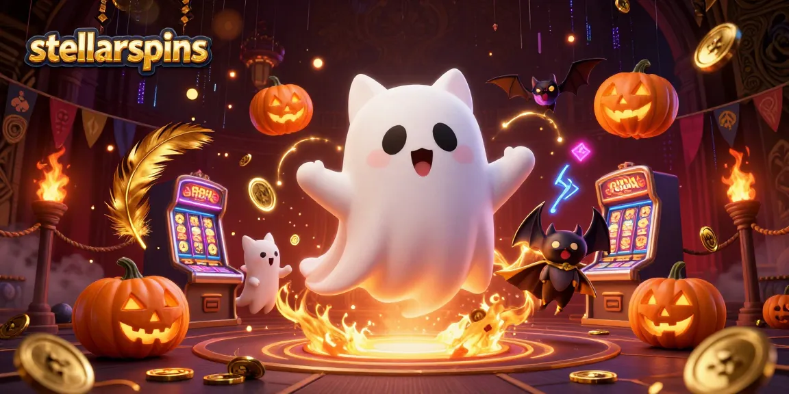 Experience stellarspins gameplay with a ghost cat and jack-o-lanterns in a haunted casino scene.