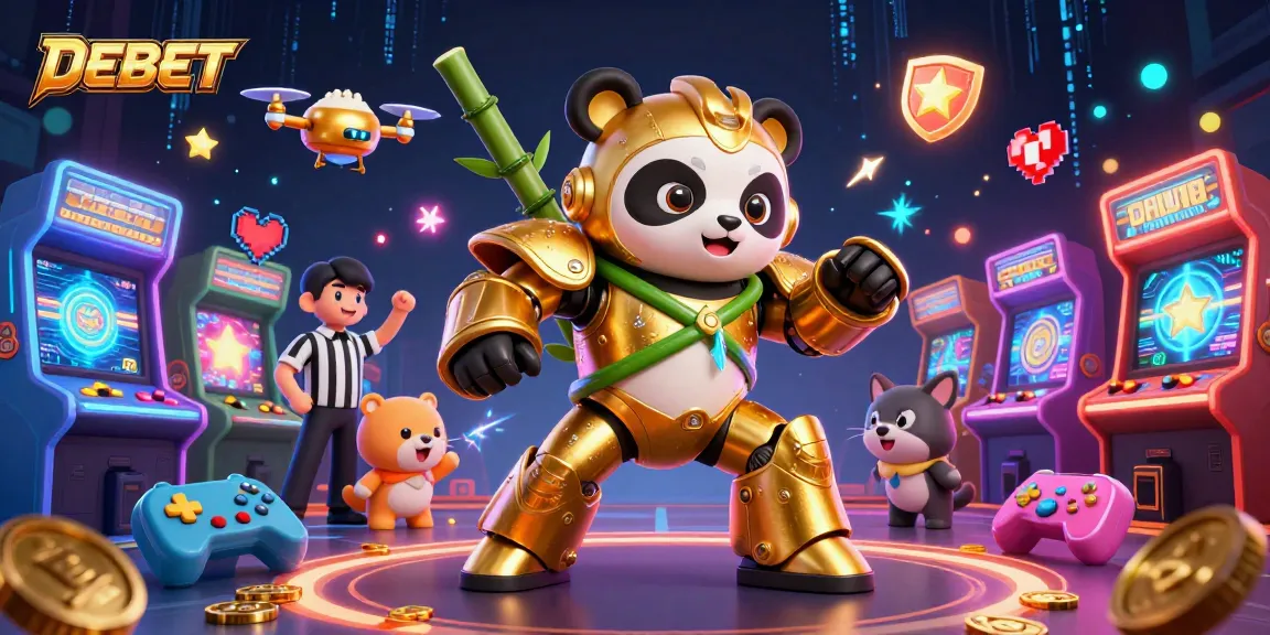 Experience the thrill of DEBET as the golden panda fights in a vibrant arcade casino arena.