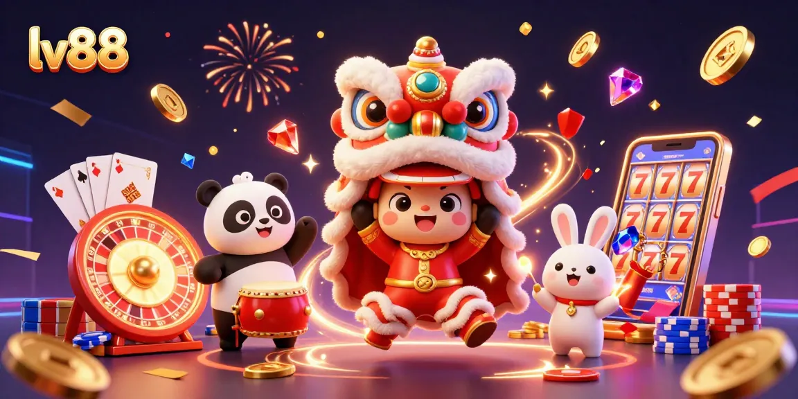 Experience the excitement of lv88 with a vibrant 3D casino scene featuring lucky characters and festive elements.
