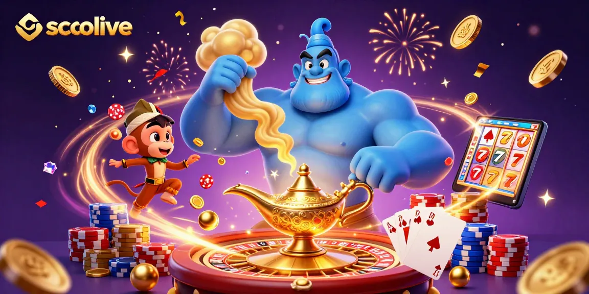 Socolive showcases dynamic action with a genie and monkey amidst vibrant casino elements, enhancing the excitement.