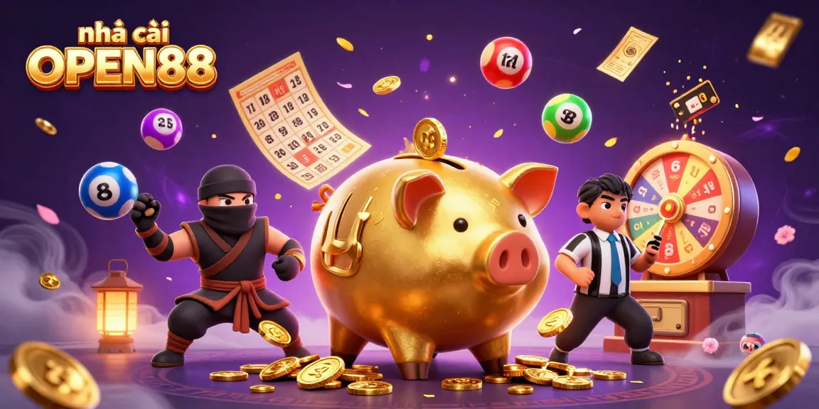Engage with the dynamic scene at nhà cái OPEN88, featuring a golden piggy bank sumo wrestler in action with lottery excitement.