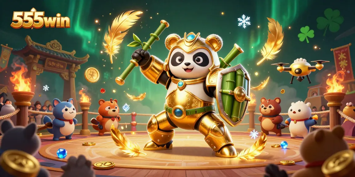 Engage with 555win's animated cockfighting scene featuring a mech-suit panda and exciting arena dynamics.